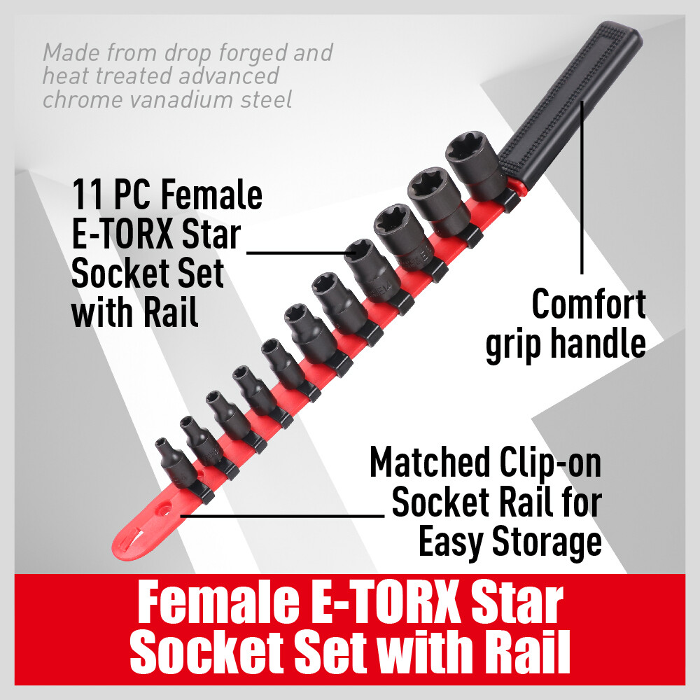 11PC Female E-TORX Star Socket Set External E4-E20 Torque 3/8" 1/4" Dr. & Rail