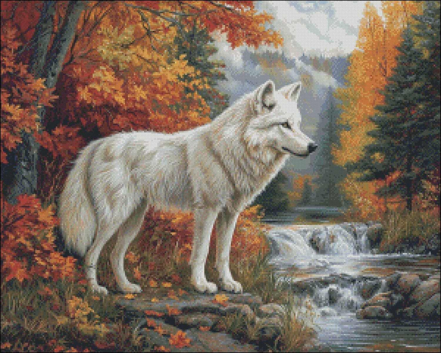 White Wolf in Autumn - Chart Counted Cross Stitch Patterns Needlework DMC Color