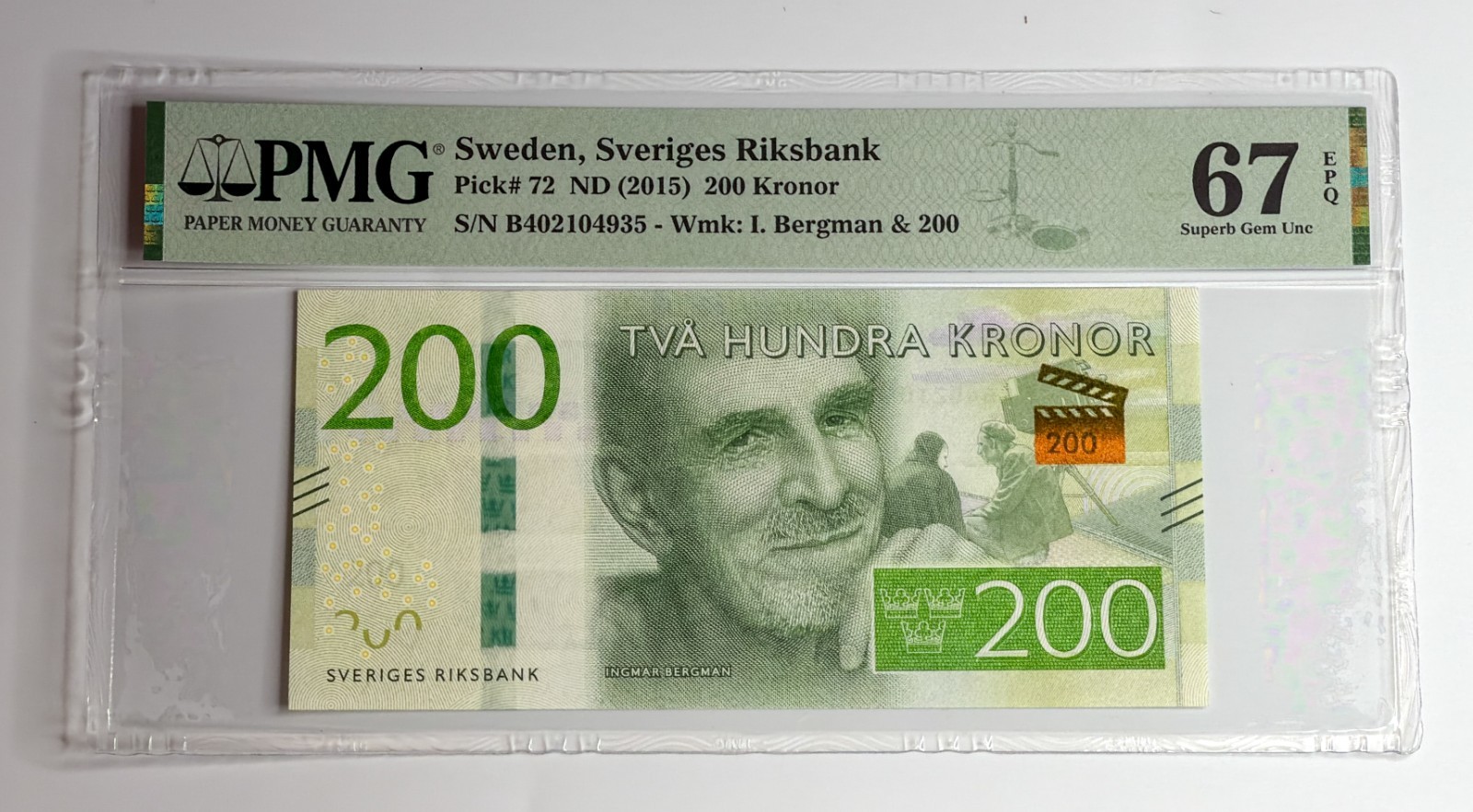 SWEDEN 2015 200 Kronor P-72 Bergman, Superb Gem *UNC* 67 EPQ