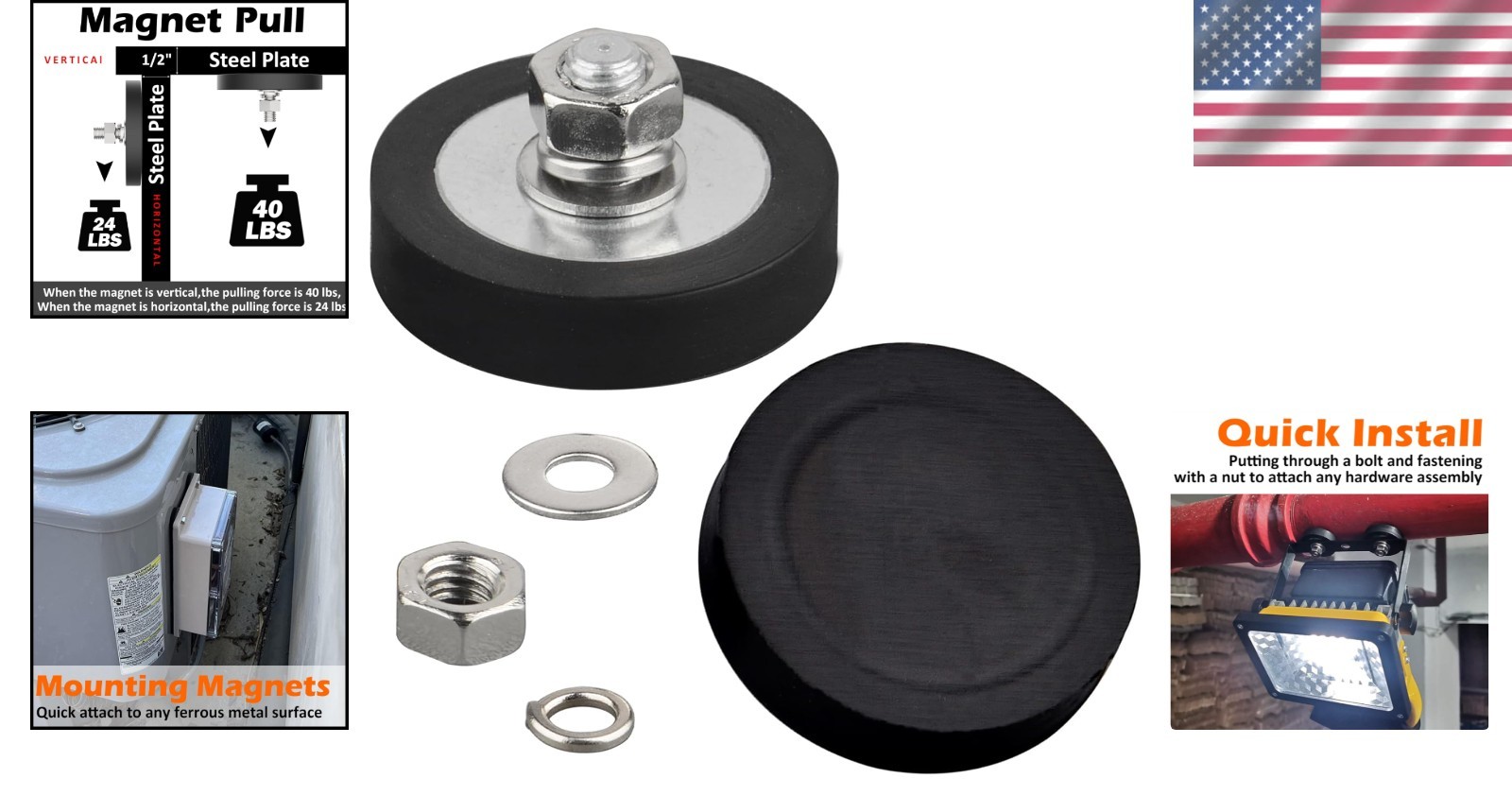 40lb Rubber Coated Neodymium Magnets, 4PCS