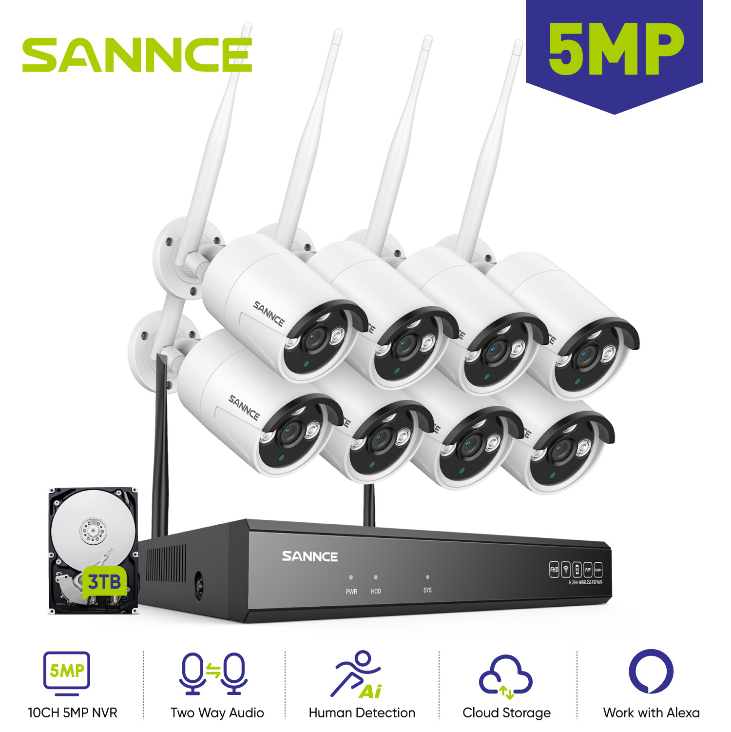 SANNCE Wireless 8CH 5MP Security Camera System 2-Way Audio Human Detection IP67