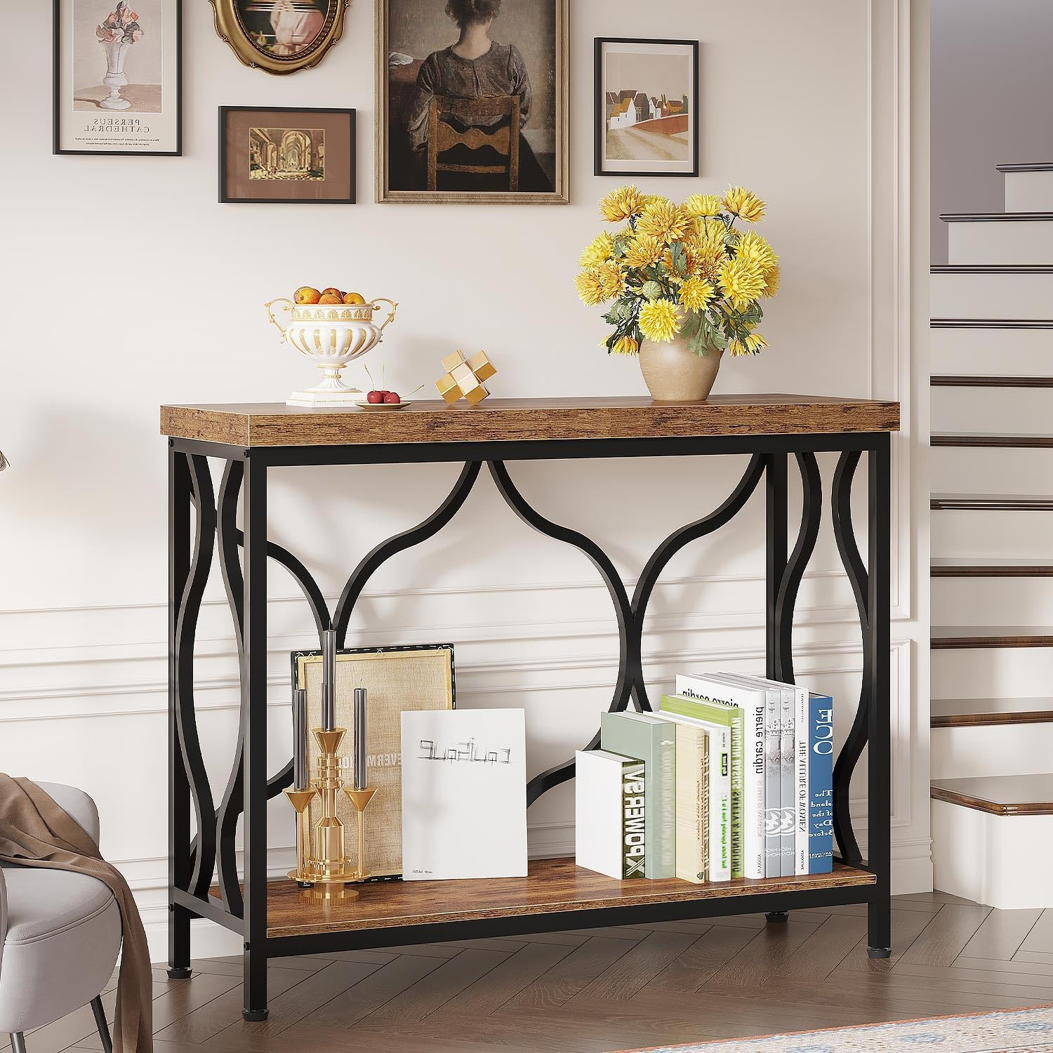 39.4" Console Sofa Table, Farmhouse Entryway Table Hallway Rustic Brown | Indust