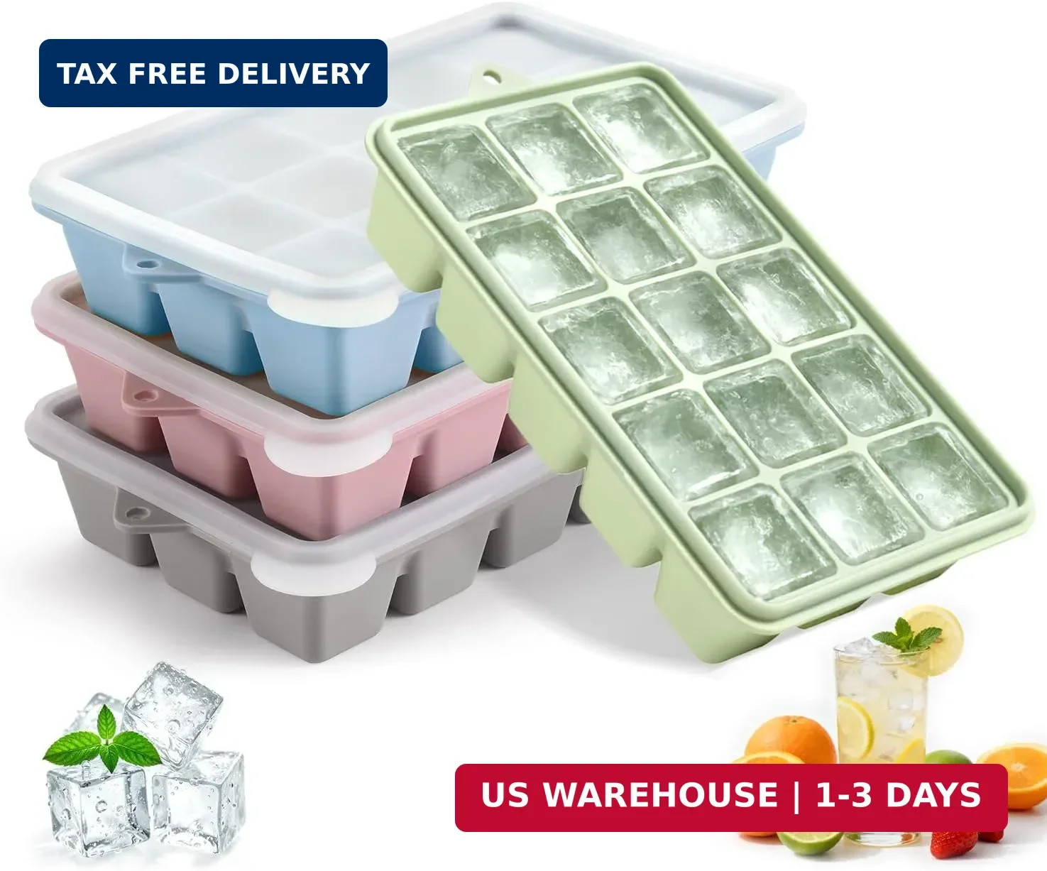 4-Pack Silicone Ice Cube Trays with Lid, Easy Release Ice Cube Molds, Reusable a