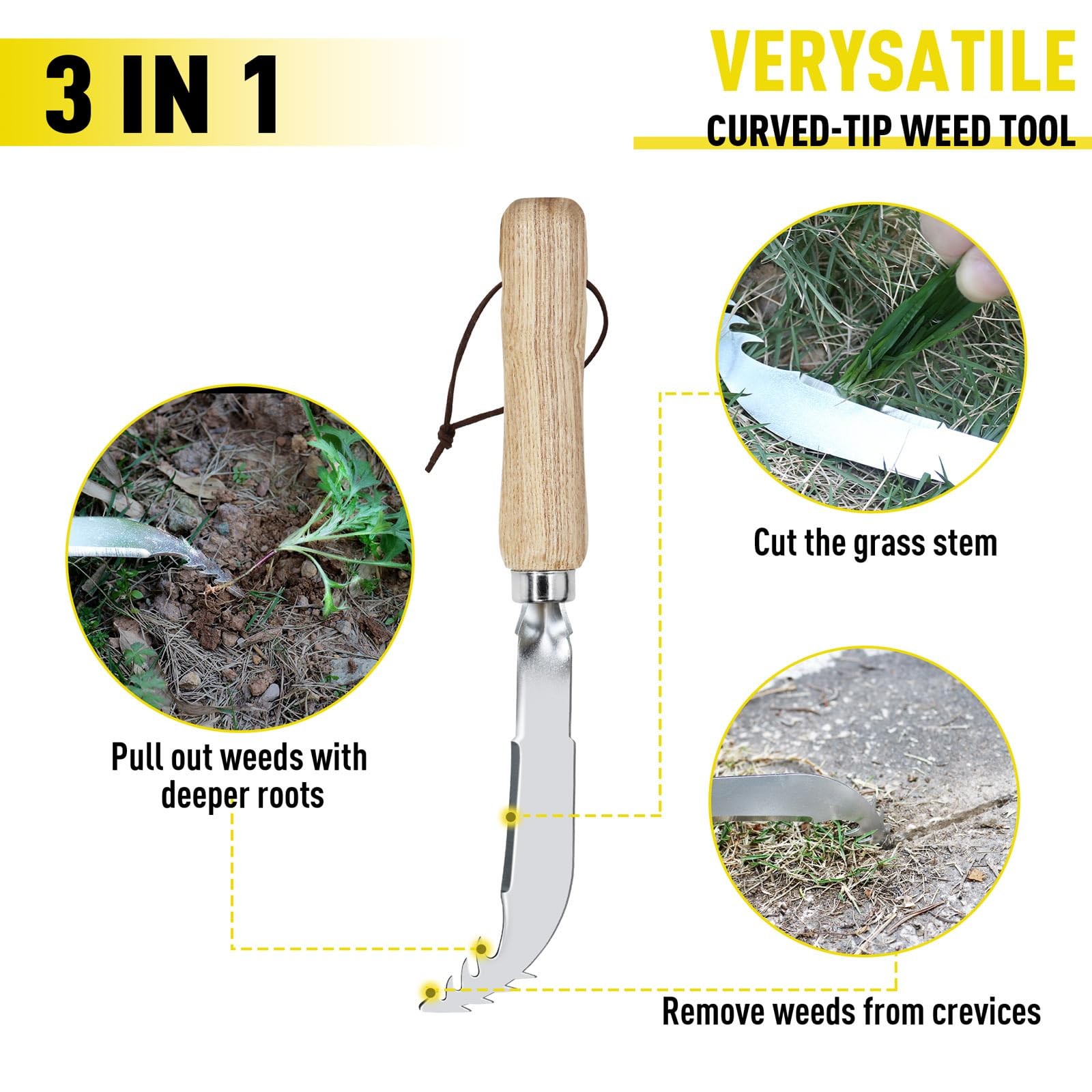 Jardineer Weed Puller Tools Set, 3 Pack Hand Crack Weeder, Stainless wooden