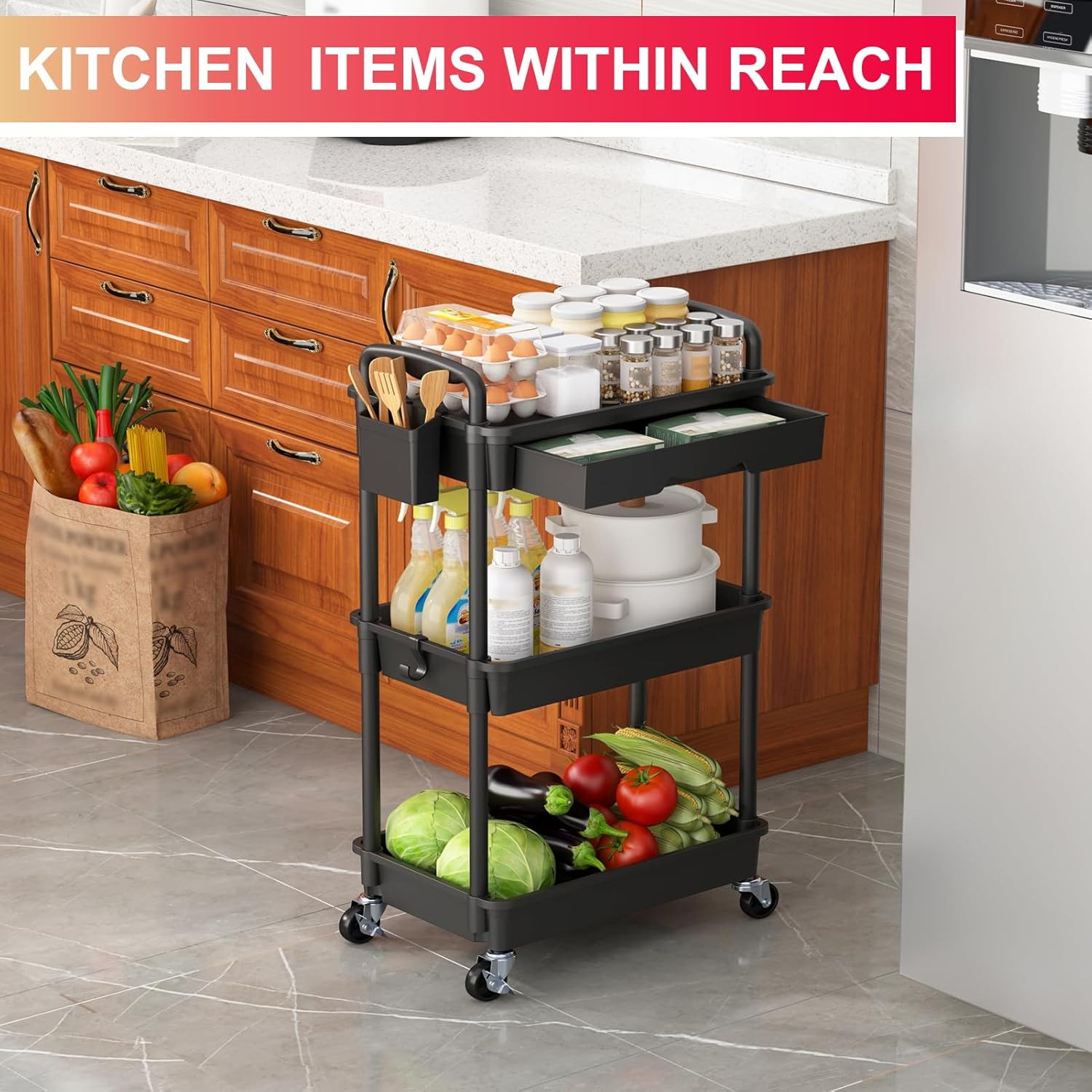 3 Tier Rolling Utility Cart Organizer with Removable Drawer, Stable and Sturdy B