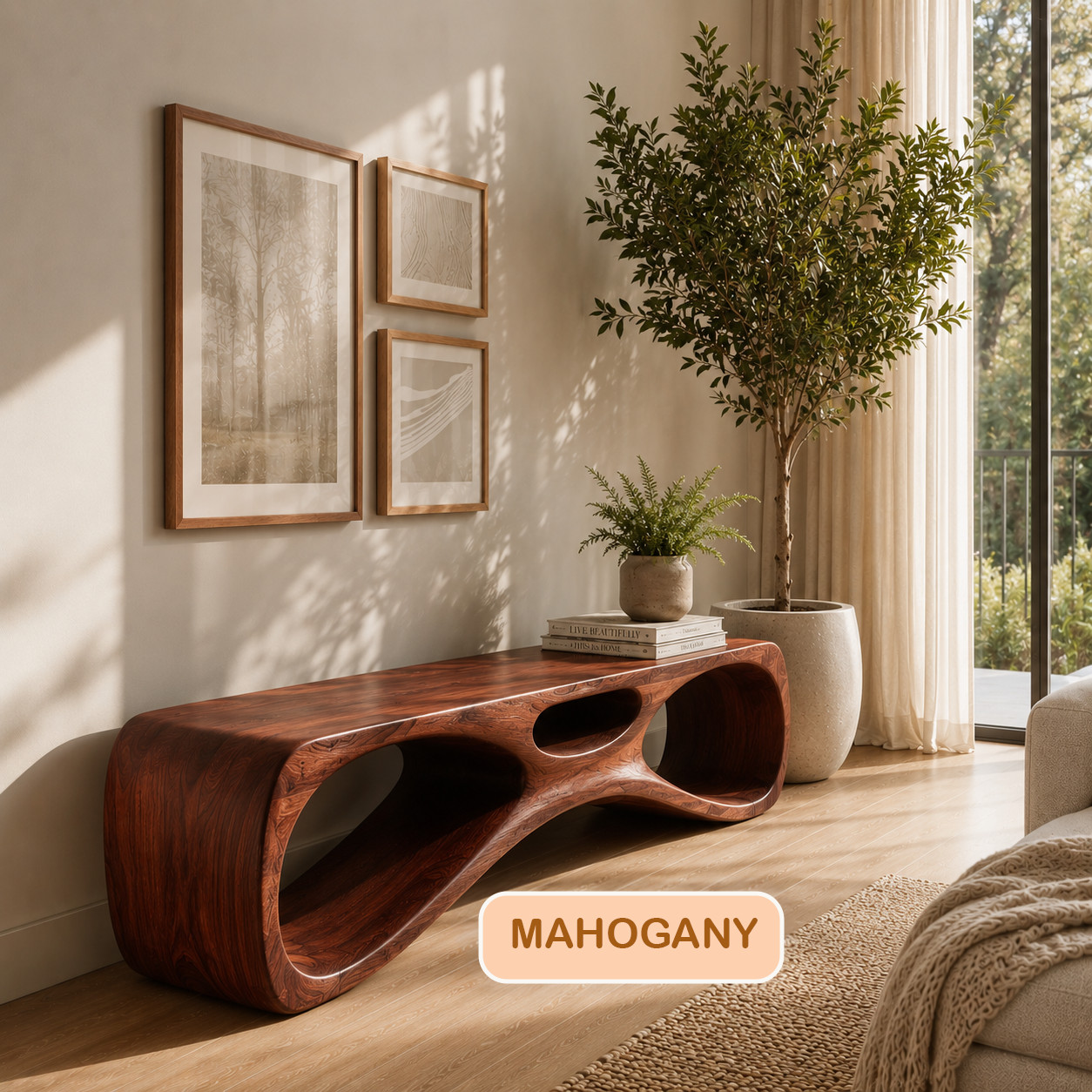 Tri-Cutout Bench Modern Sculptural Entryway Seating Stand Genuine Solid Wood