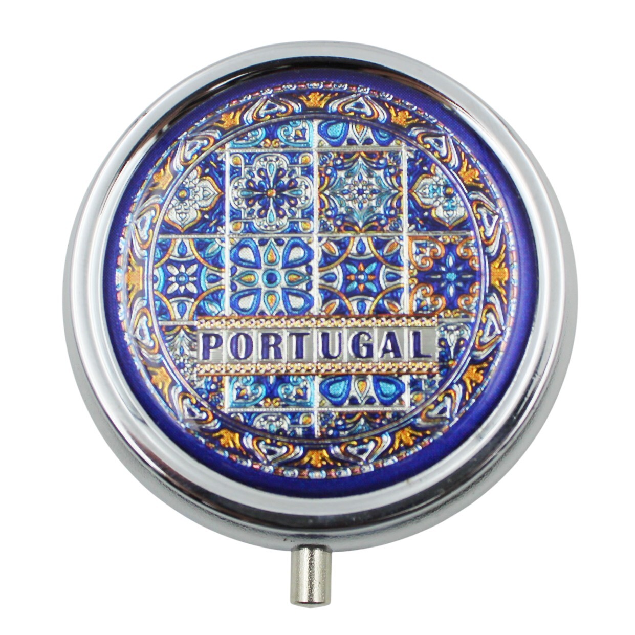 Vibrant Portuguese Tile Design Pill Box - Compact 3-Compartment Organizer