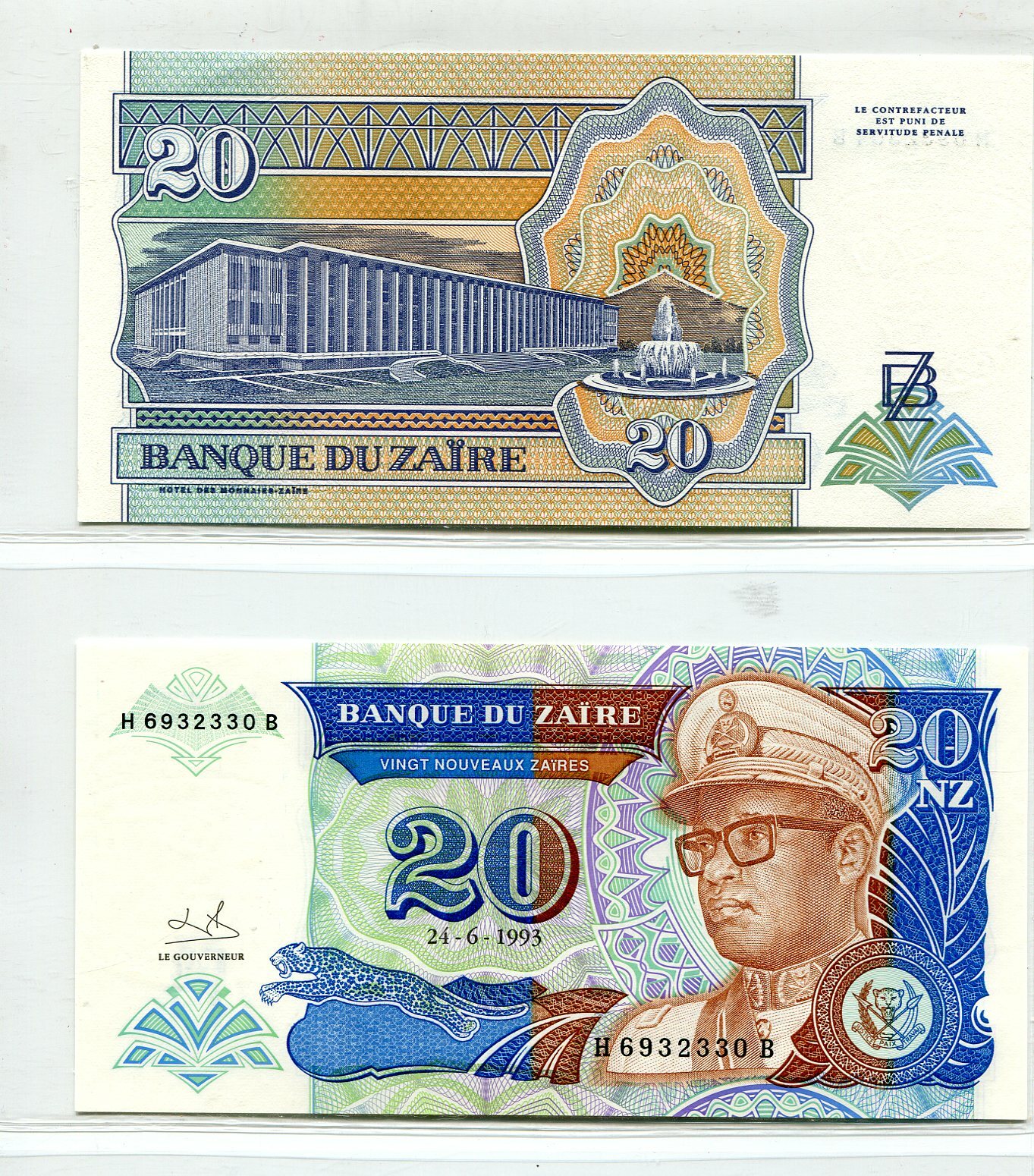 Zaire 1993 20 Nouveaux Zaire 20 NZ  | Uncirculated Banknote | UNC