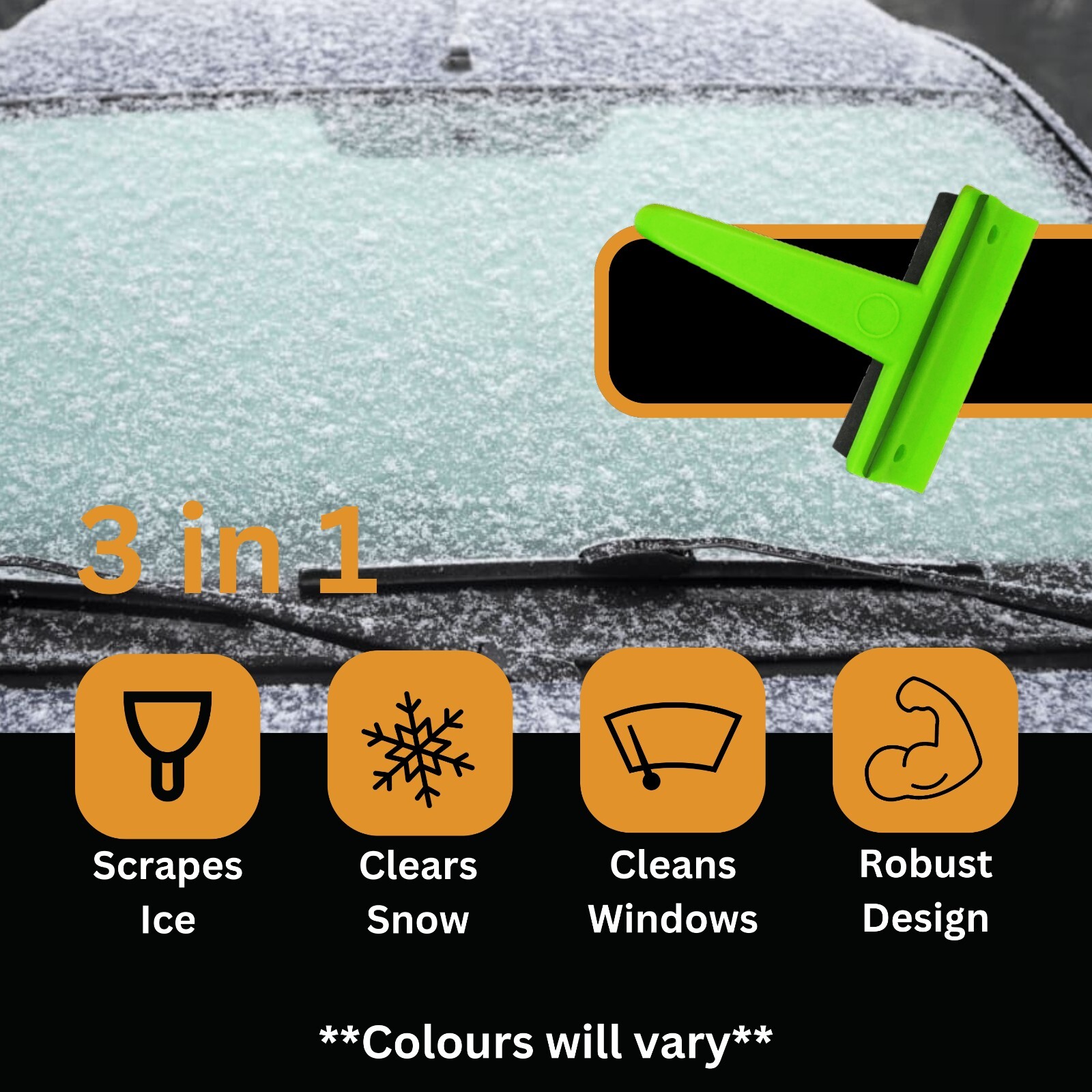 Twin Pack 3in1 Ice Scraper & Squeegee Heavy Duty Non-Scratch Winter Car Tool