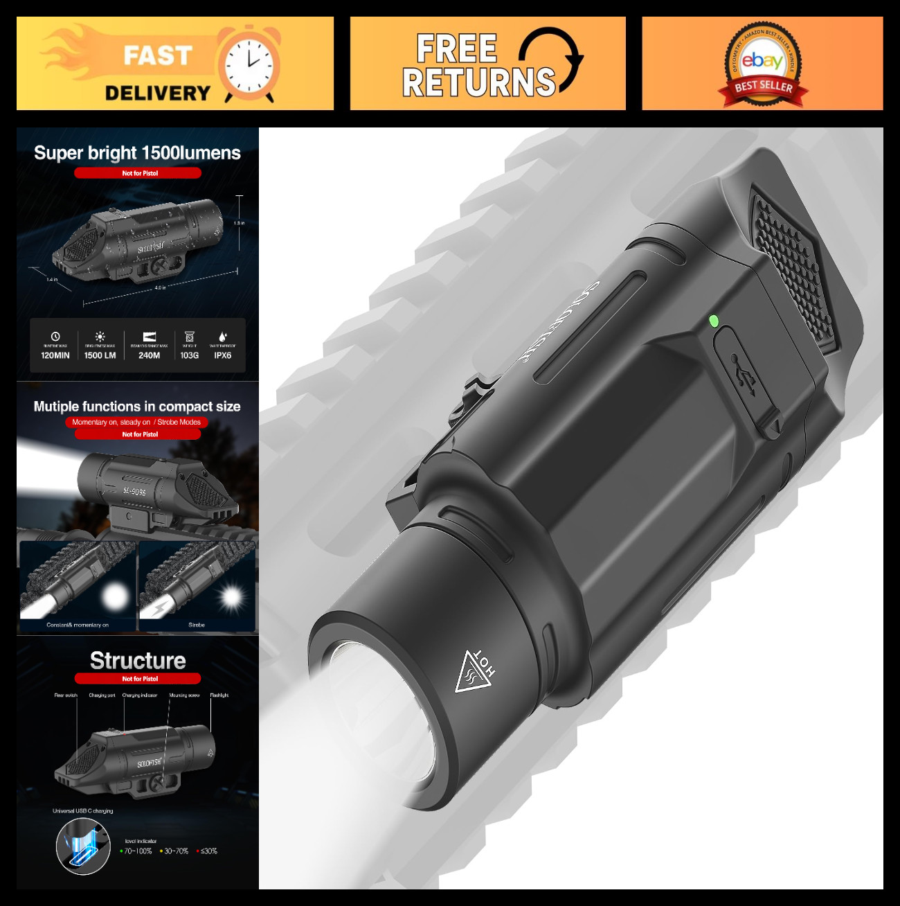 1500 Lumen Tactical Flashlight for Rifle, Picatinny Rail Mount, Strobe & Momenta