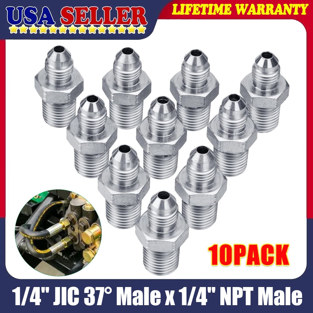 10Pack Hydraulic Hose Adapter Fittings 1/4" JIC 37° Male x 1/4" NPT Male w/Cover