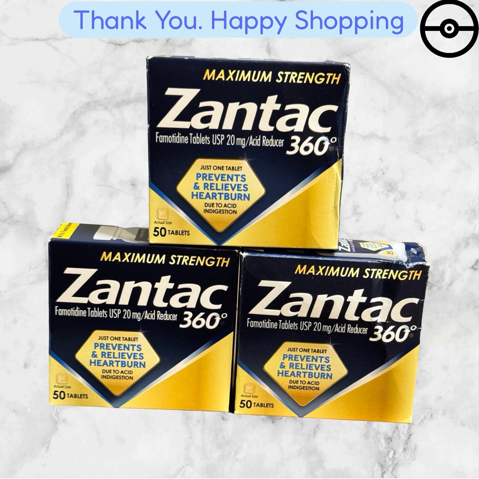 LOT OF 3 -ZANTAC 360 MAXIMUM STRENGTH 20MG 50 TABLETS NEW FREESHIP EXP 02/2027