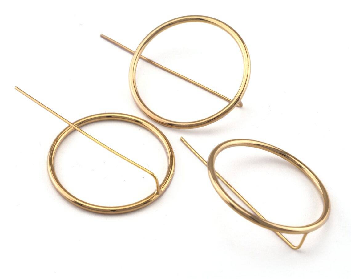 1 pair Circle Earring posts 36mm Gold plated brass 2520