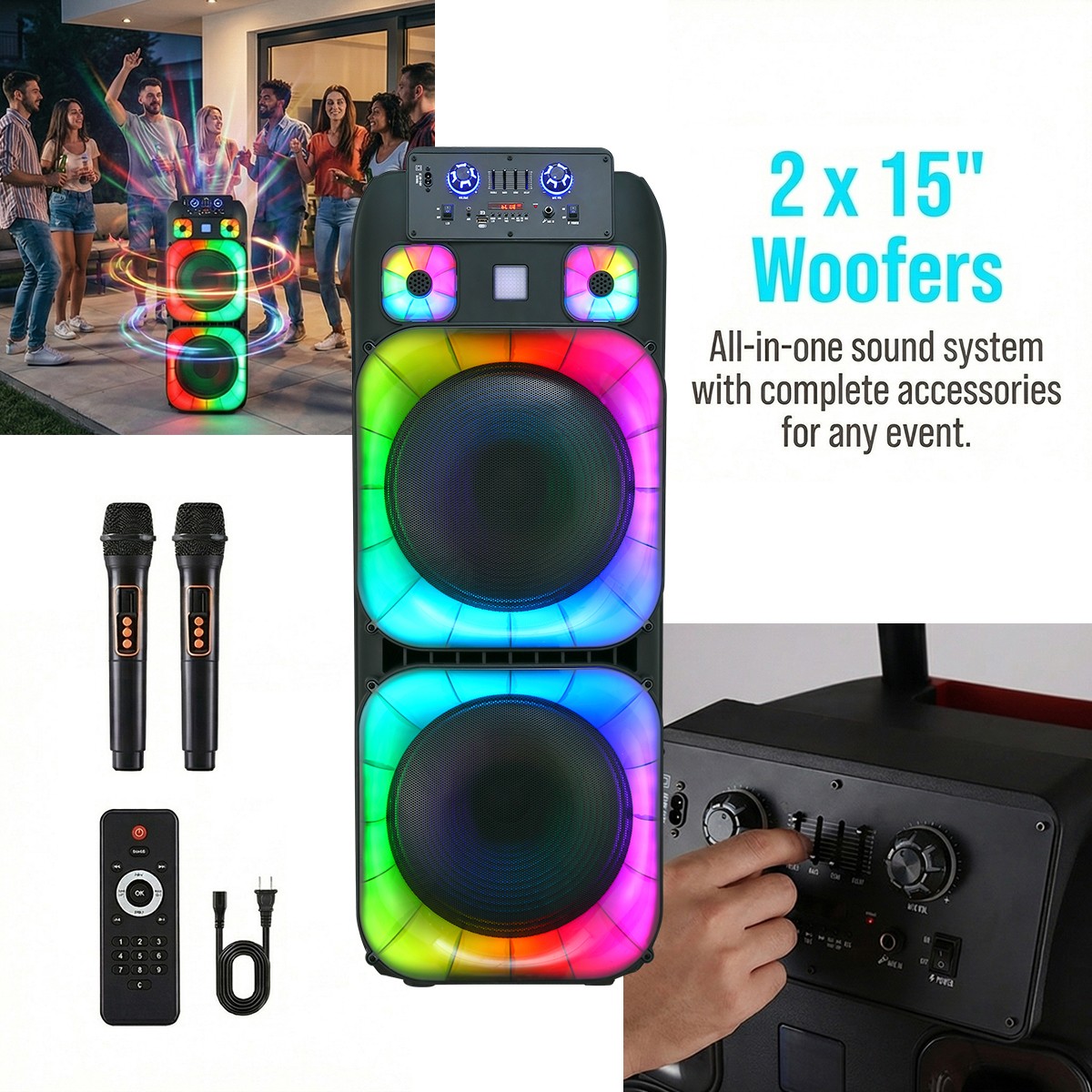 15,000W Portable Bluetooth Party Speaker PA System with 2 x 15'' Woofers & TWS