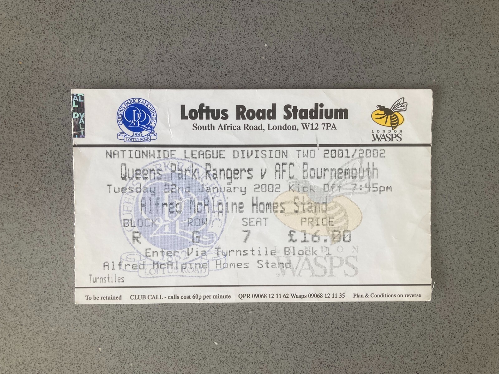 Queens Park Rangers v Bournemouth 2001-02 Match Ticket