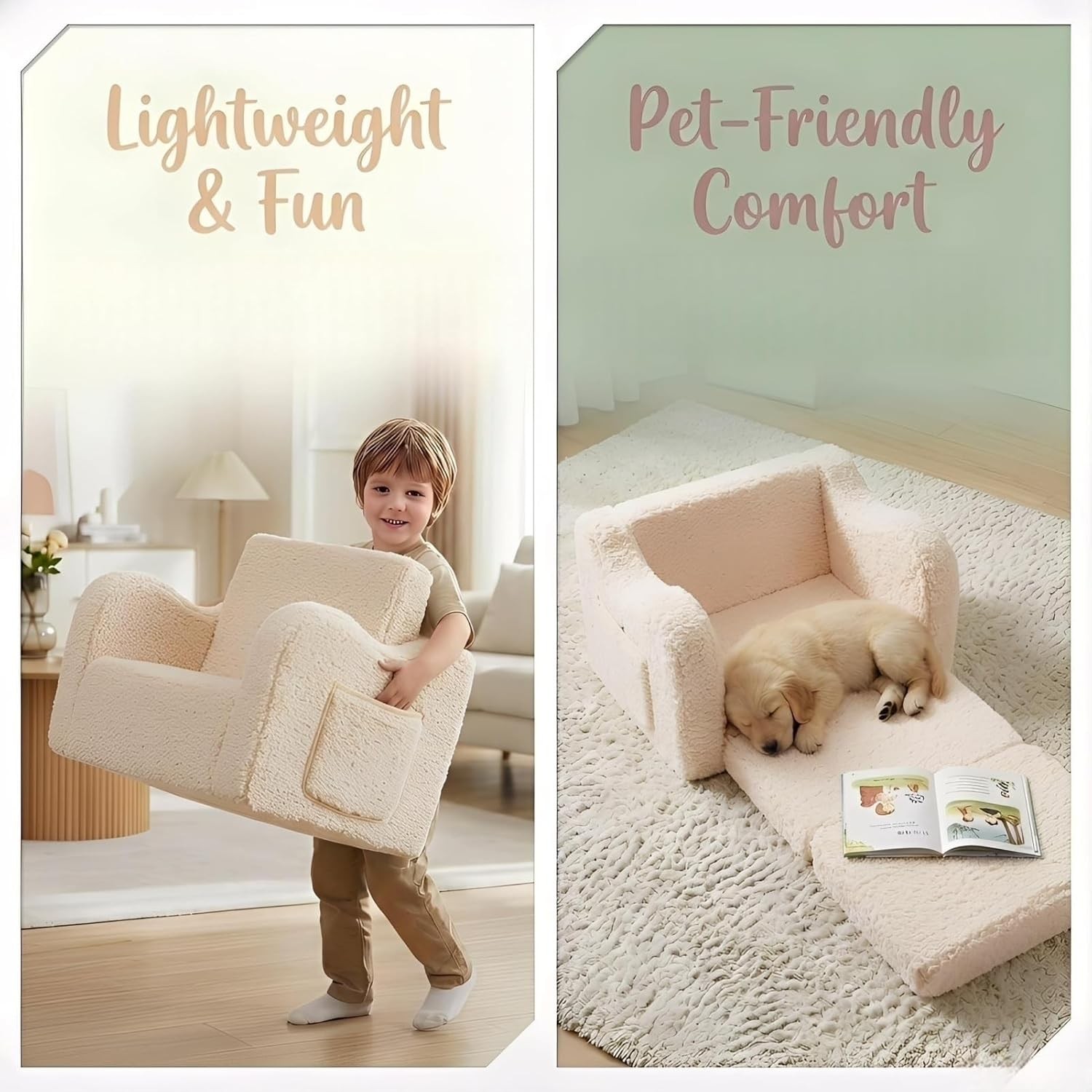 MOMCAYWEX Kids Sofa, 2-in-1 Flip-Out Foam Couch with Soft Sherpa Cover, Cozy Pla