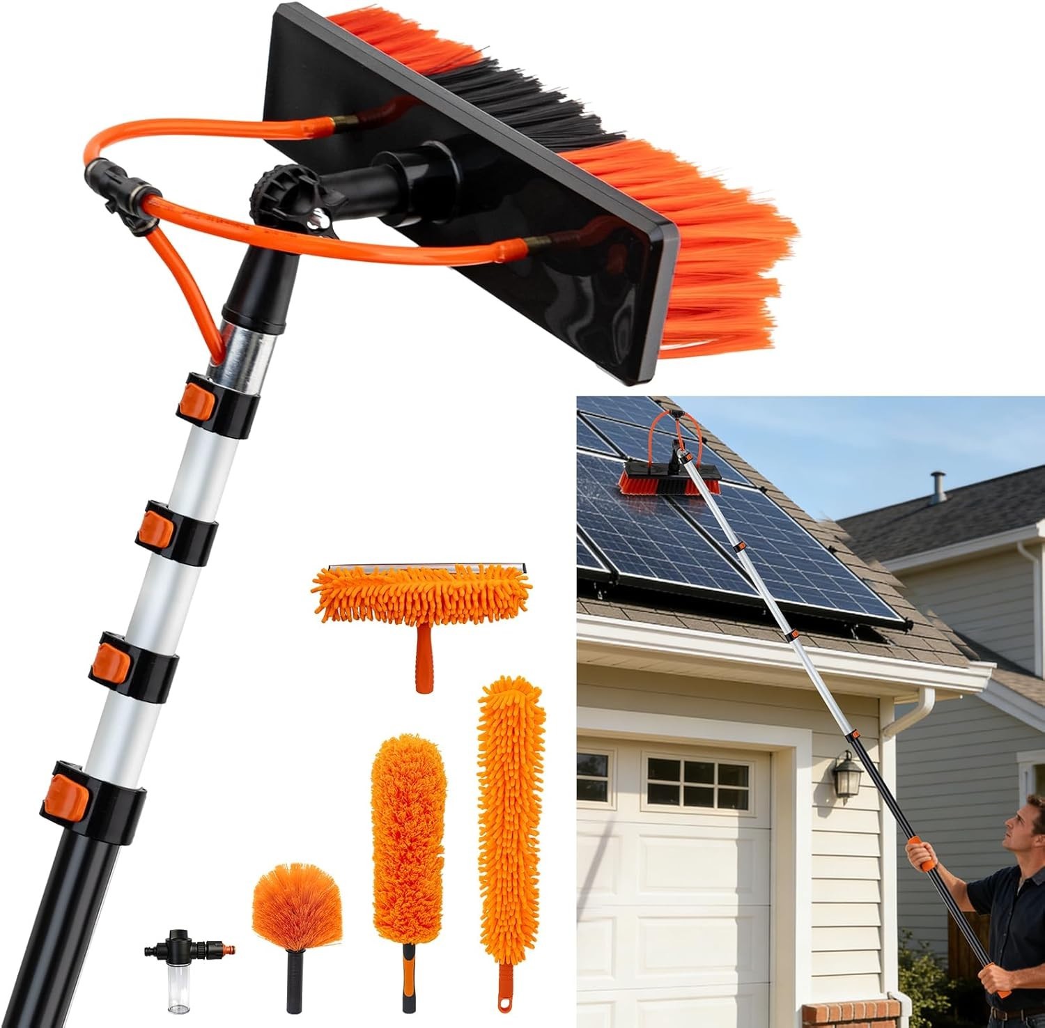 Water Fed Pole Window Cleaning System, Solar Panel Kit, 180° Brush & Soap Dispen
