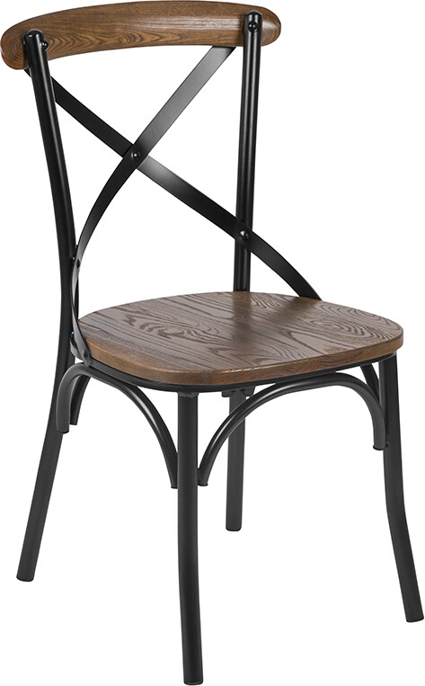 Bistro Style Cross Back Metal Restaurant Chair w/ Metal Bracing & Fruitwood Seat