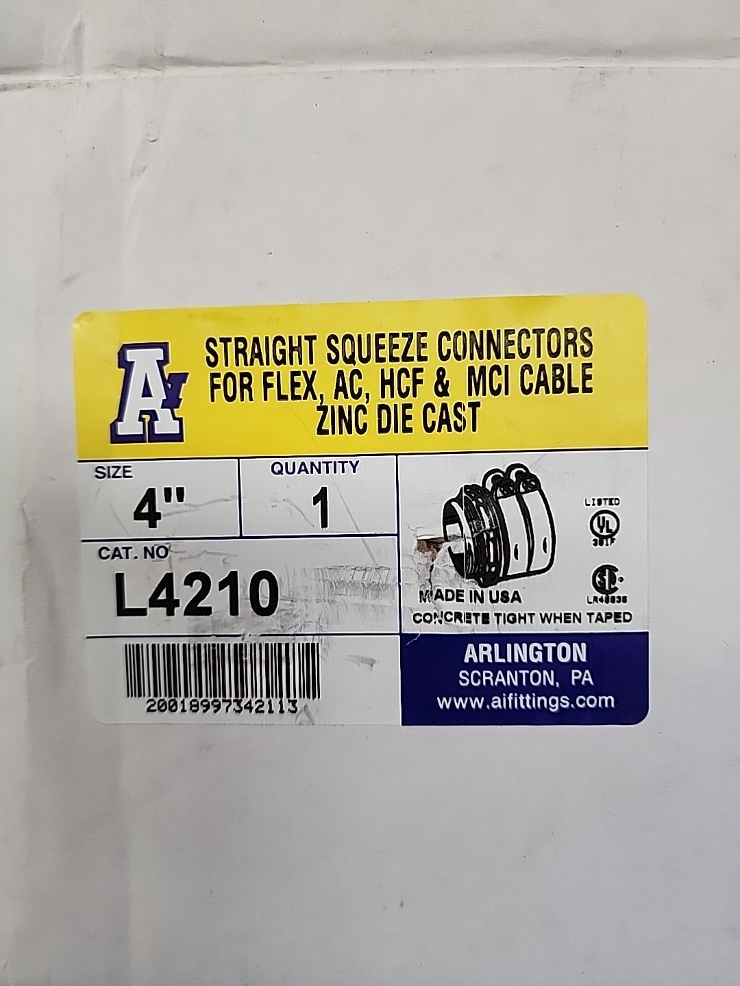 Arlington L4210 Straight Squeeze Connector
