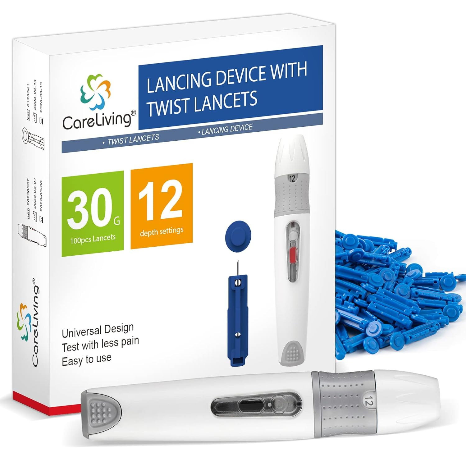 Lancing Device and 100 Lancets, Single Use, 30 Gauge Lancets, for Minimizing Pai