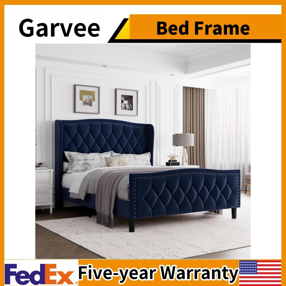 ✅Queen/Full Bed Frame Velvet Upholstered Platform Bed W/Wing Side Headboard