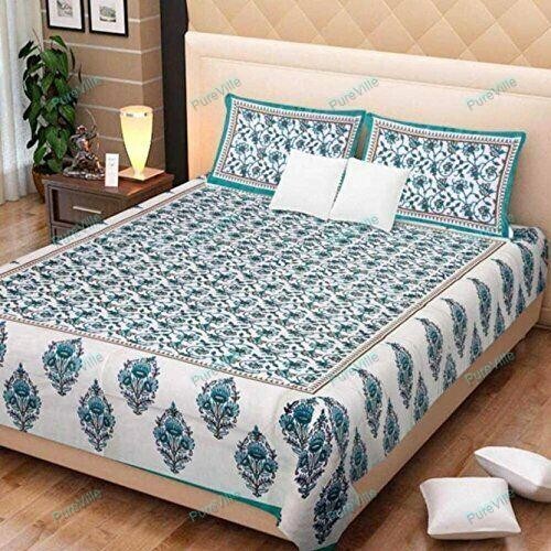 Attartive 3 Kaam Jaal Pure Cotton Green Double Bed Sheet With Two Pillow Cover