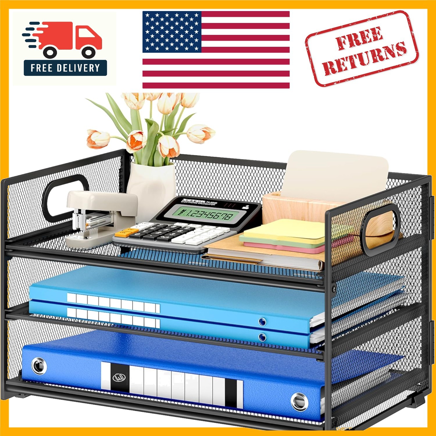 Elegant 3-Tier Metal Mesh Desk Organizer - Compact File Sorter for Office