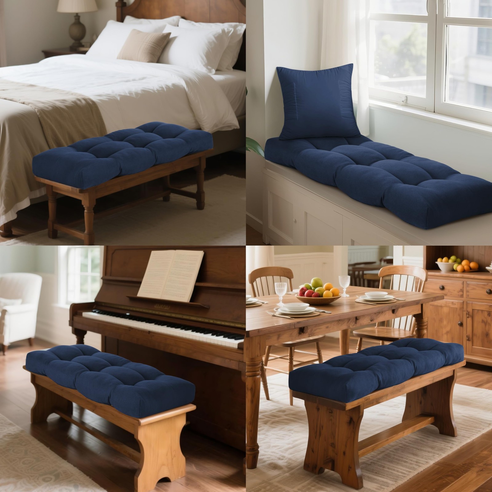 ELFJOY Tufted Bench Cushion Thicken Patio Furniture 34x16x3.5 Inch, Navy