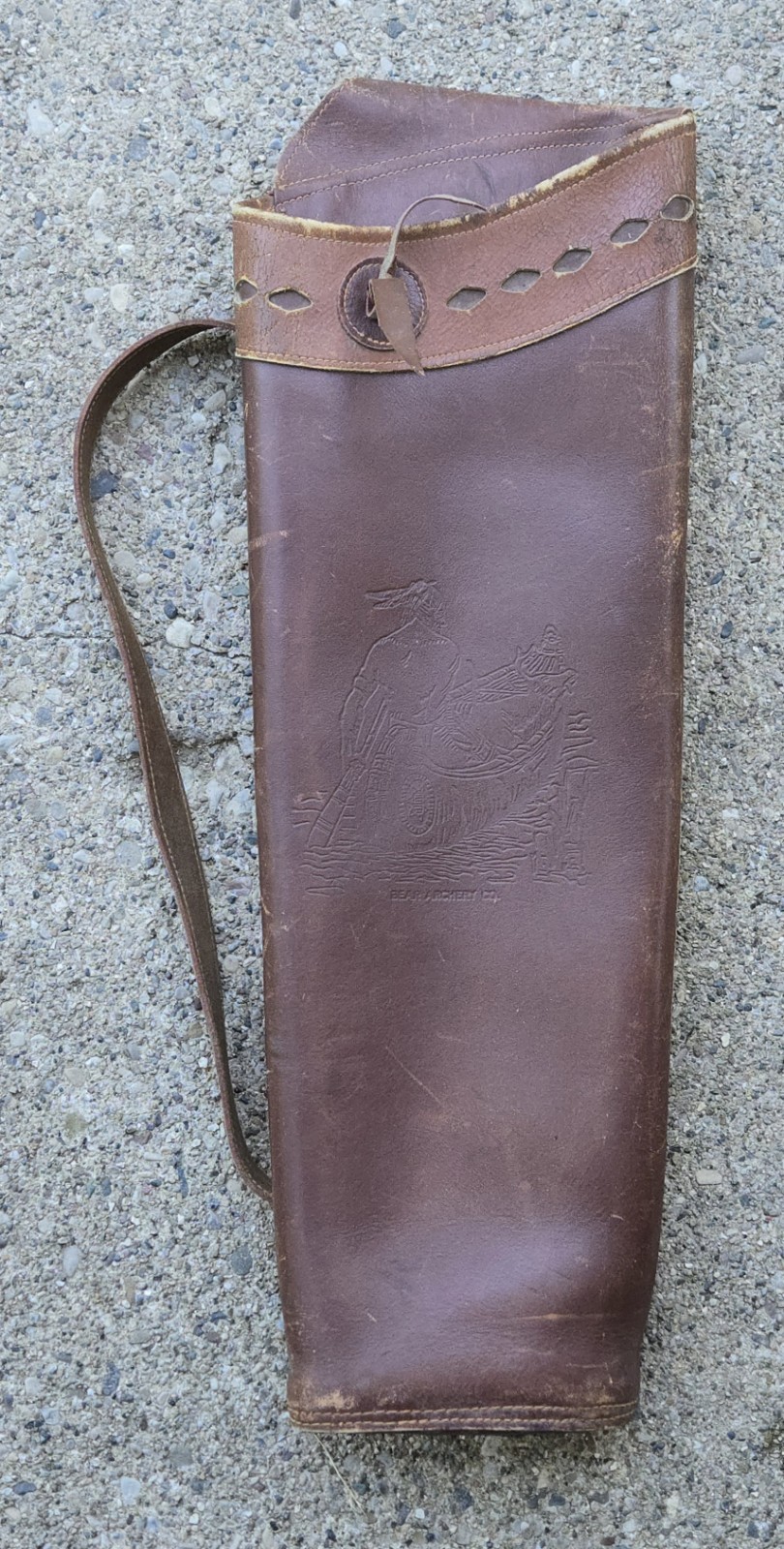 Vtg 60s 70s BEAR ARCHERY Embossed Leather Arrow Quiver Indian Canoe