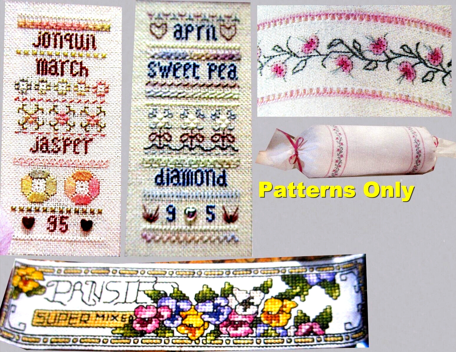 Mar Apr Month Samplers Queen Stitch Bolster Pansies Basket CROSS STITCH PATTERNS