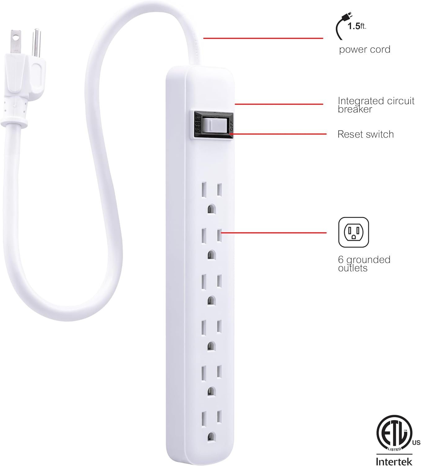 GE 6-Outlet Power Strip, 2 Pack, 1.5 Ft Extension Cord, Heavy Duty Plug, Grounde