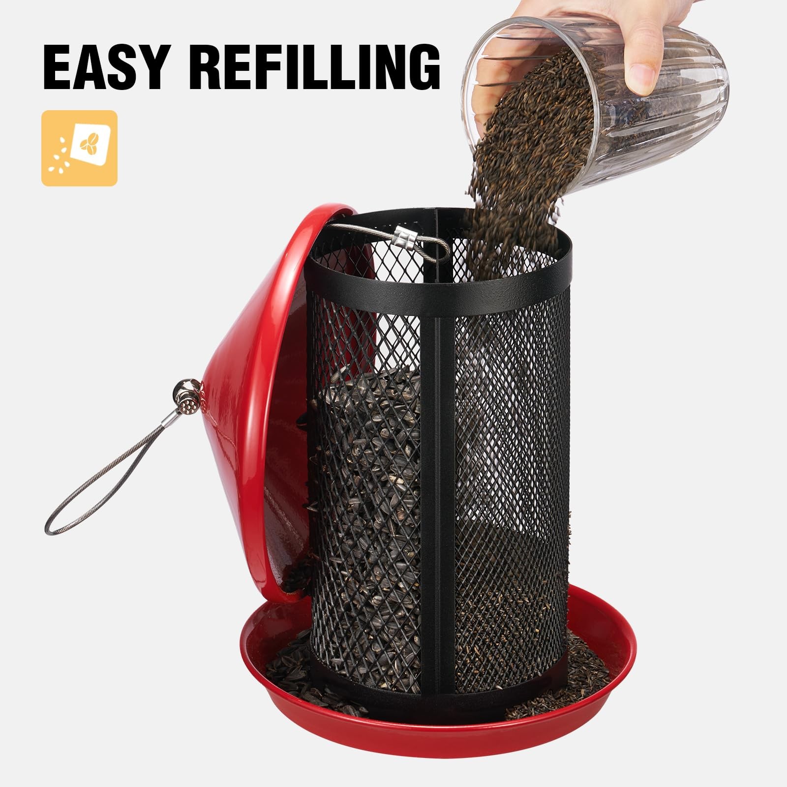 Veehoo Metal Bird Feeder for Outdoors-Dual Seed 7.5"L x 7.5“W x 10.4"Th, Red