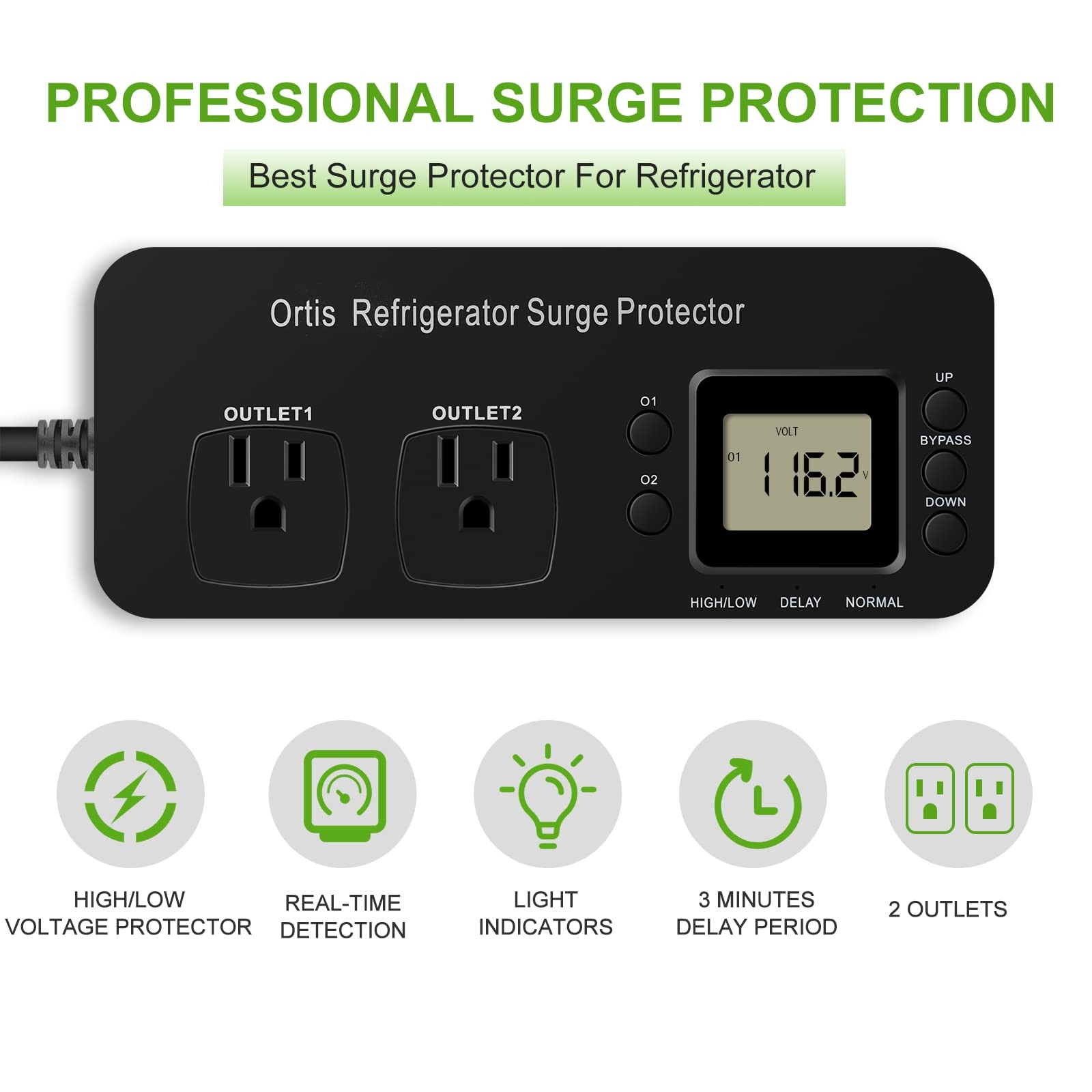 Refrigerator Surge Protector, Ortis Double Outlet Electronic black