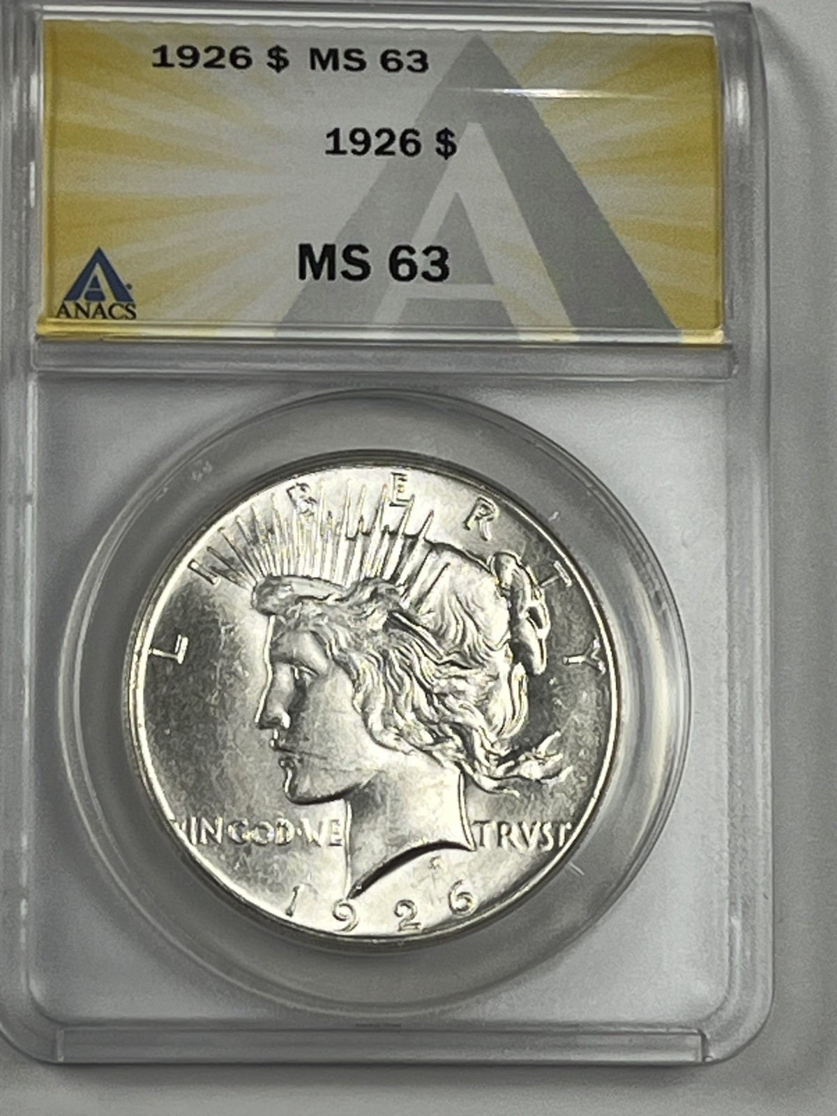 1926 Peace Dollar :  ANACS MS63  Blazing White