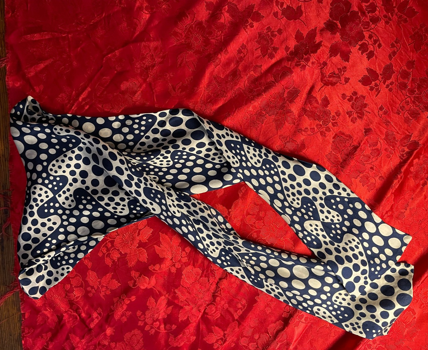 Silk Scarf Reversible Navy and Cream Polka Dot Patterns