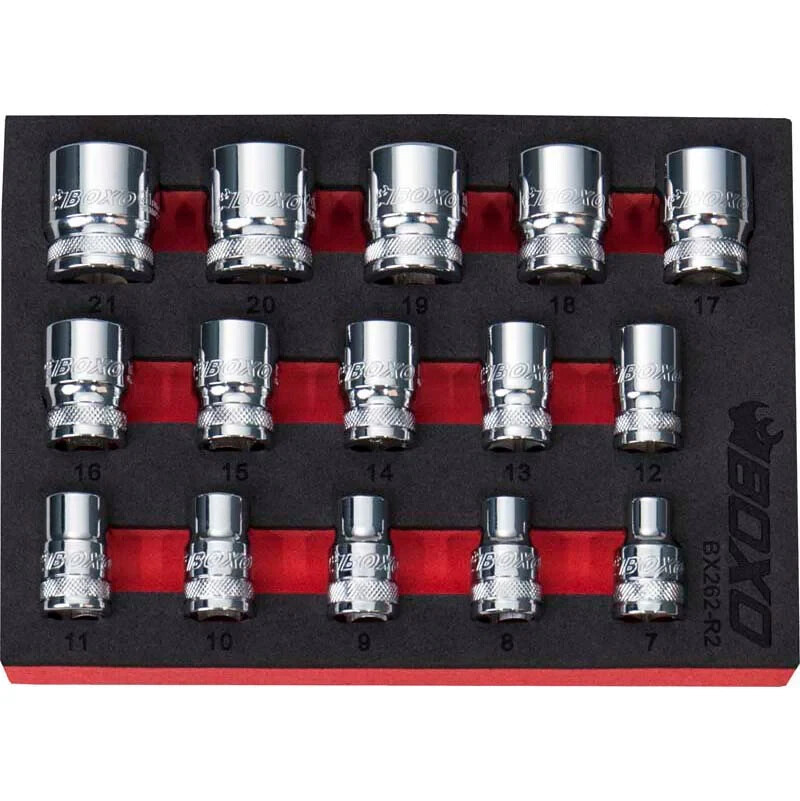 Boxo Tools 3/8" Dr 12pt 15pc Socket Set 7-21mm BX262-R2 in red and black foam