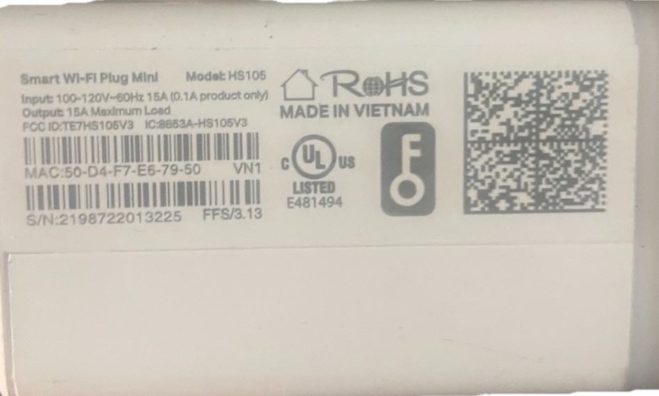 TP-LINK HS105 Smart Wi-Fi Plug, White Indoor 1-Outlet 15A 100-120V Type B