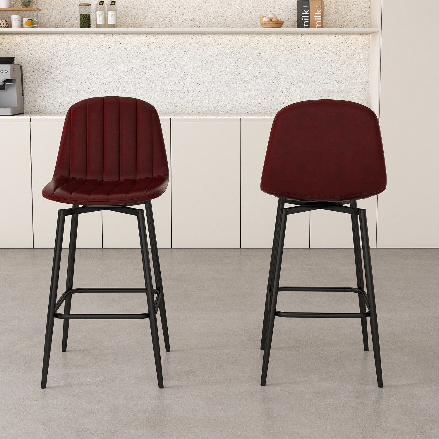 Modern Set of 2 Swivel Bar Stools Upholstered Counter Height BarStools Brown