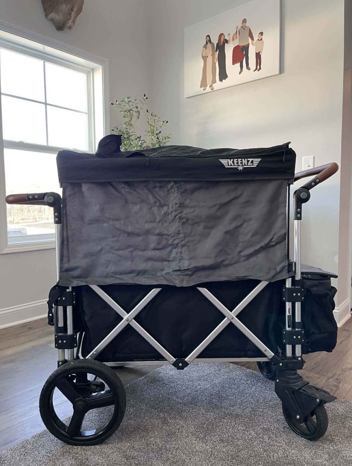 Keenz Pull-Along Wagon Stroller Black Double Seating Canopy Storage Rubber Tires