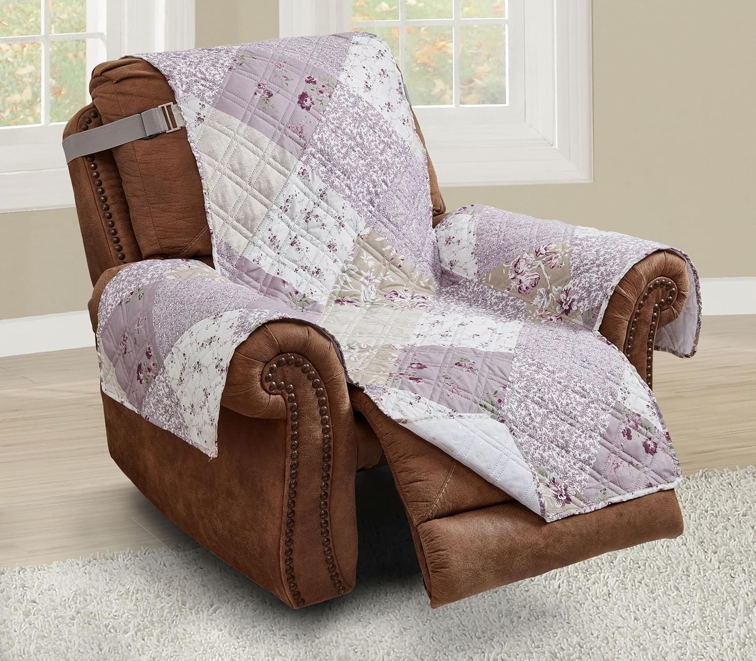 Lilac and Beige Rose Patchwork Quilted Large Recliner Slipcover, 28" Seat Wid...