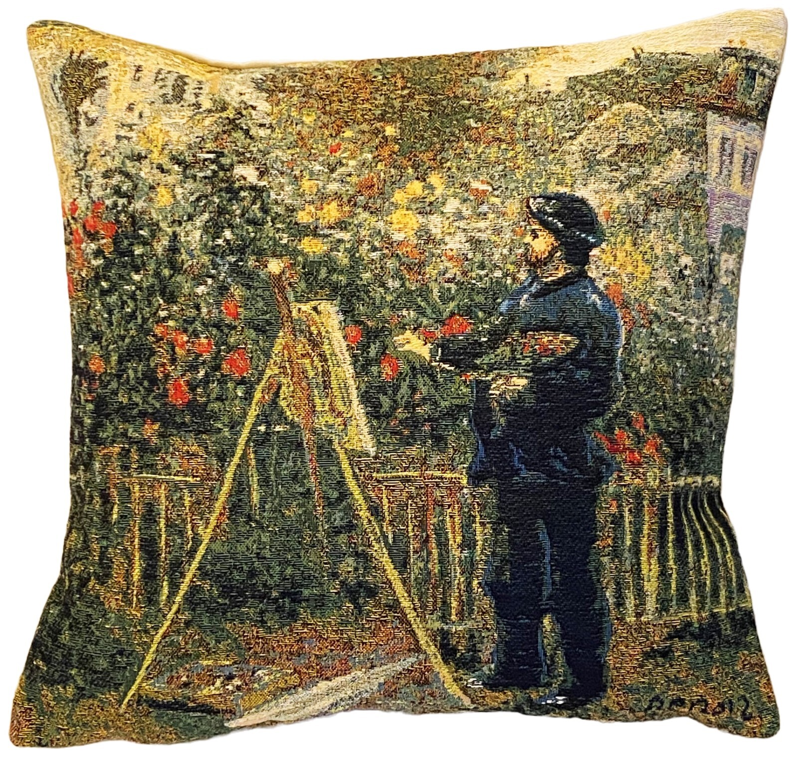 RENOIR PAINTING OF MONET PAINTING IN GARDEN BELGIAN TAPESTRY CUSHION COVER 18"