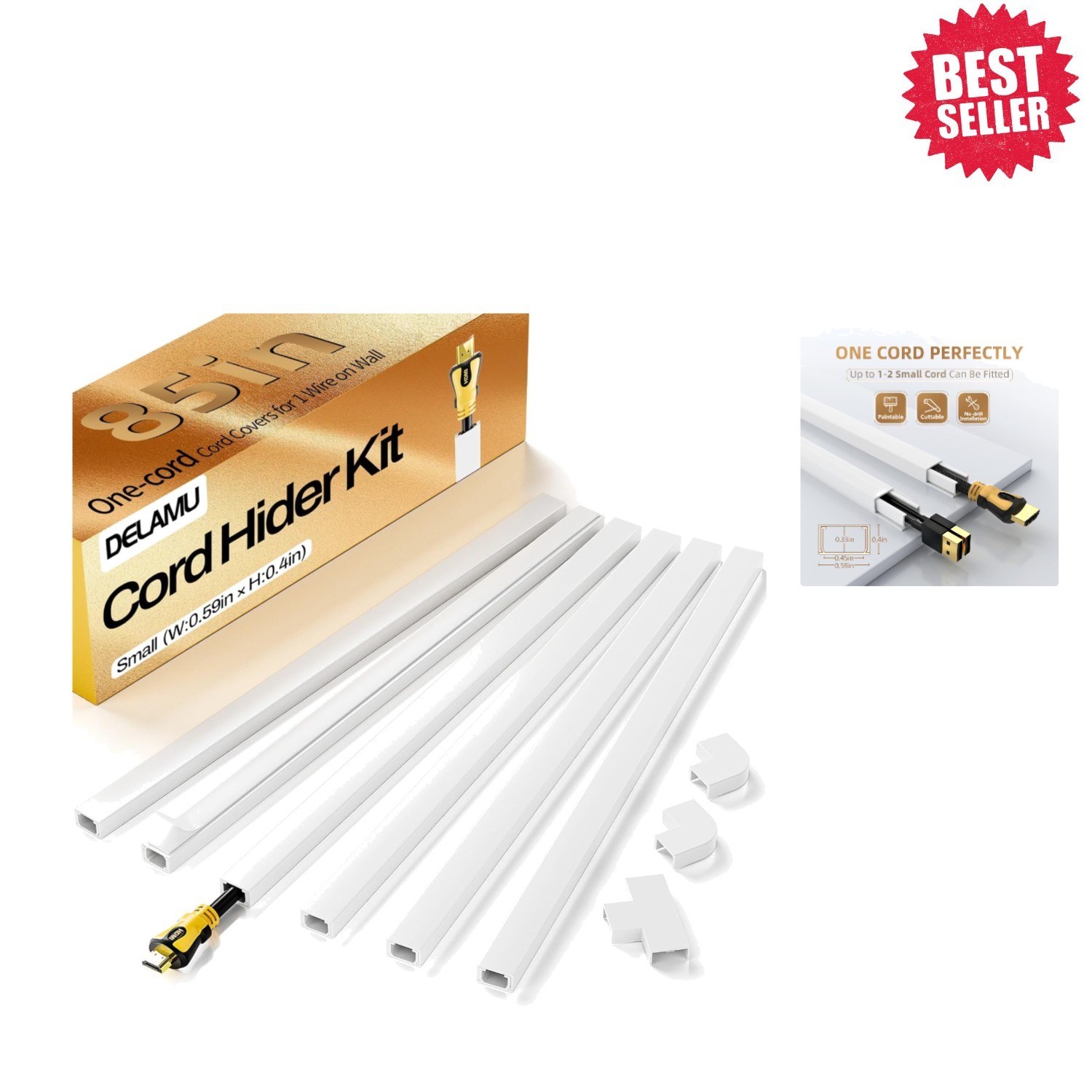 Conceal Wires Effortlessly: 6 Piece White Cord Covers, 85x0.59in, Indoor/Outdoor