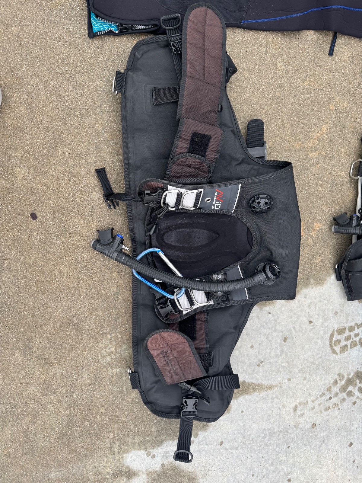scuba diving equipment set. BCDs and wetsuit