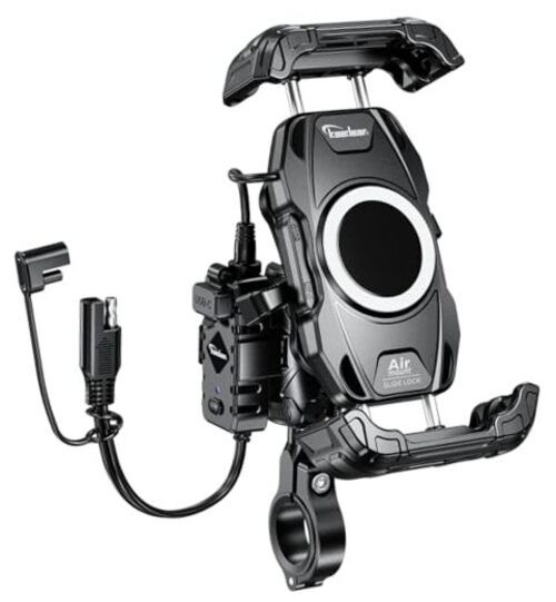 Motorcycle Smartphone Holder, Air Mount Vibration Absorption, QI & USB