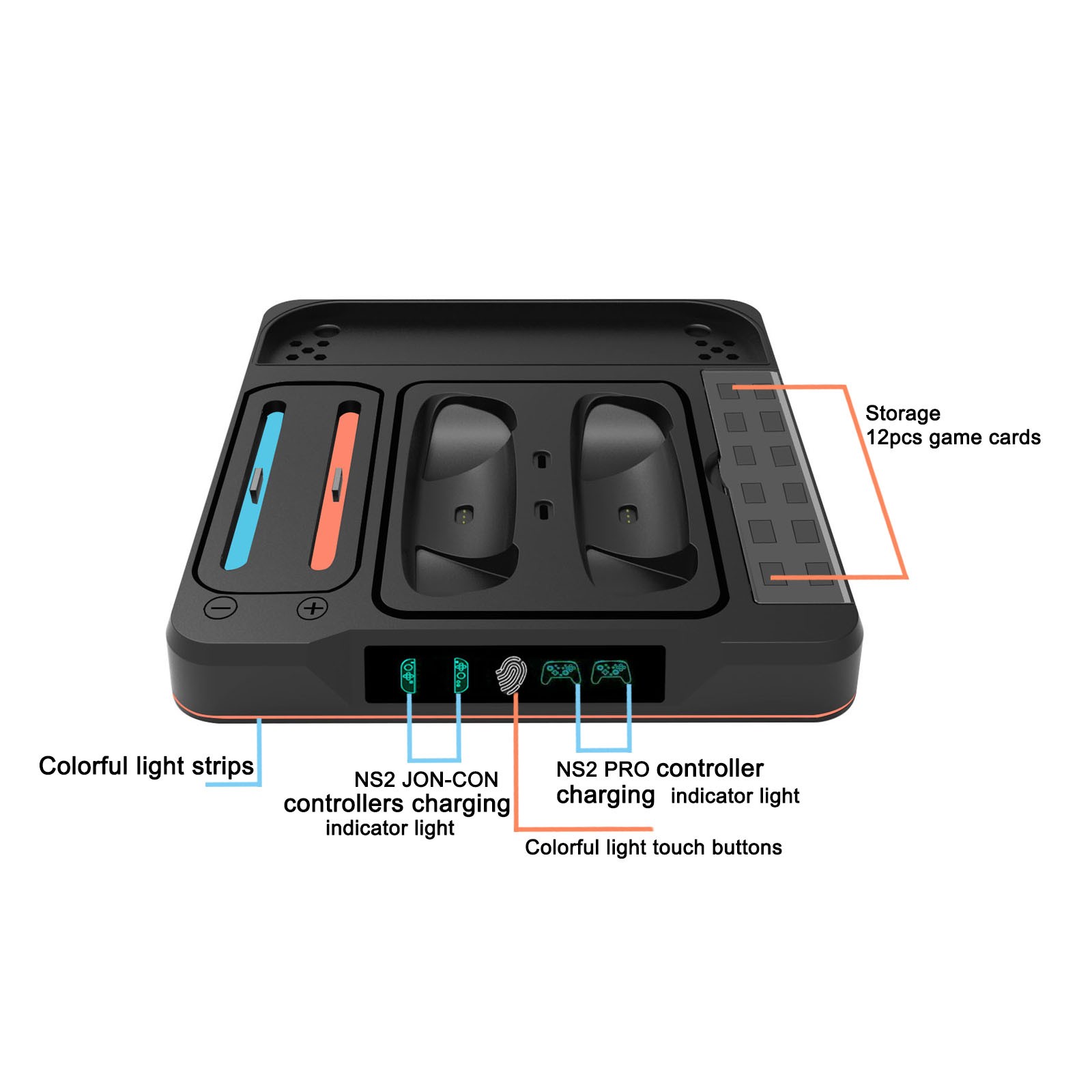For Switch 2 pro Controller Charging Dock with RGB Lighting Console Base