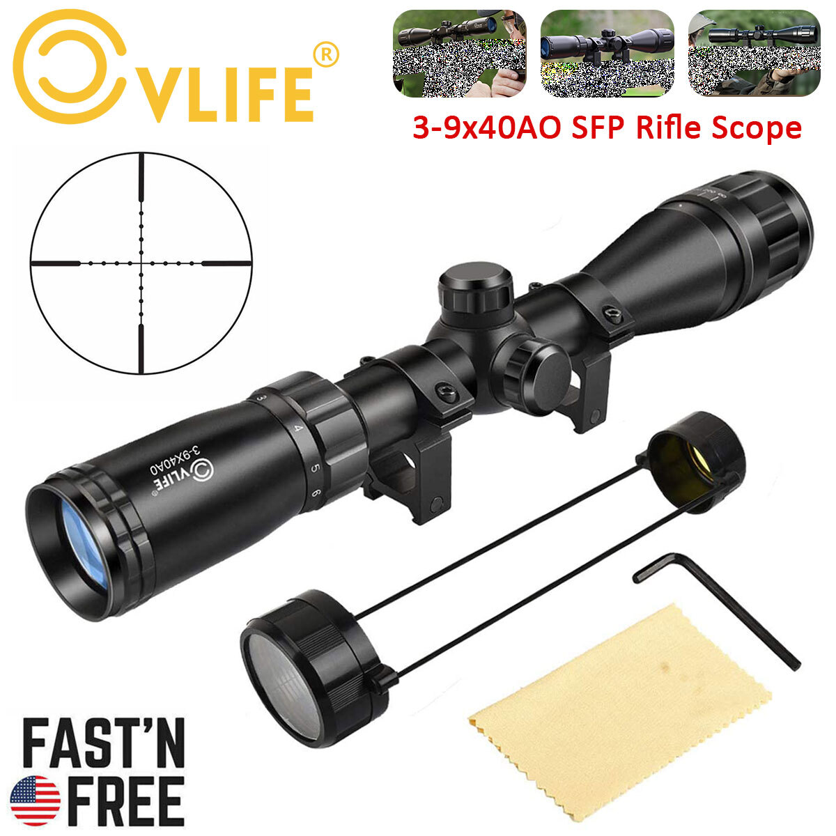 CVLIFE 3-9x40AO Rifle Scope Optics R4 Reticle Crosshair Gun Scope w/ 20mm Mounts