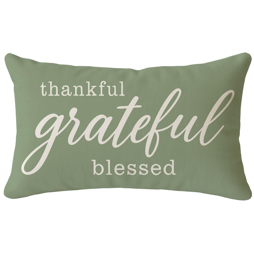 Decorative Throw Pillow Covers 12x20 Grateful Thankful Blessed Sage Green Out...