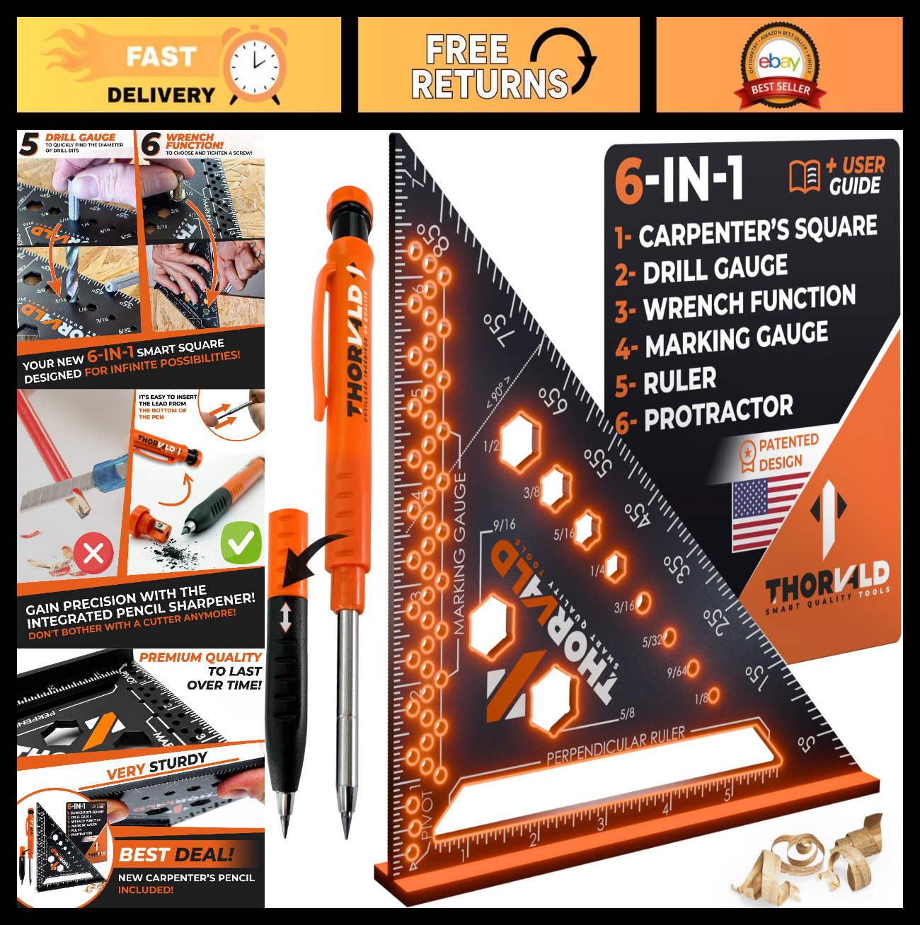 6-in-1 Carpenter Square T Square 7" Precision Tool Set: Wrench, Protractor, Rule