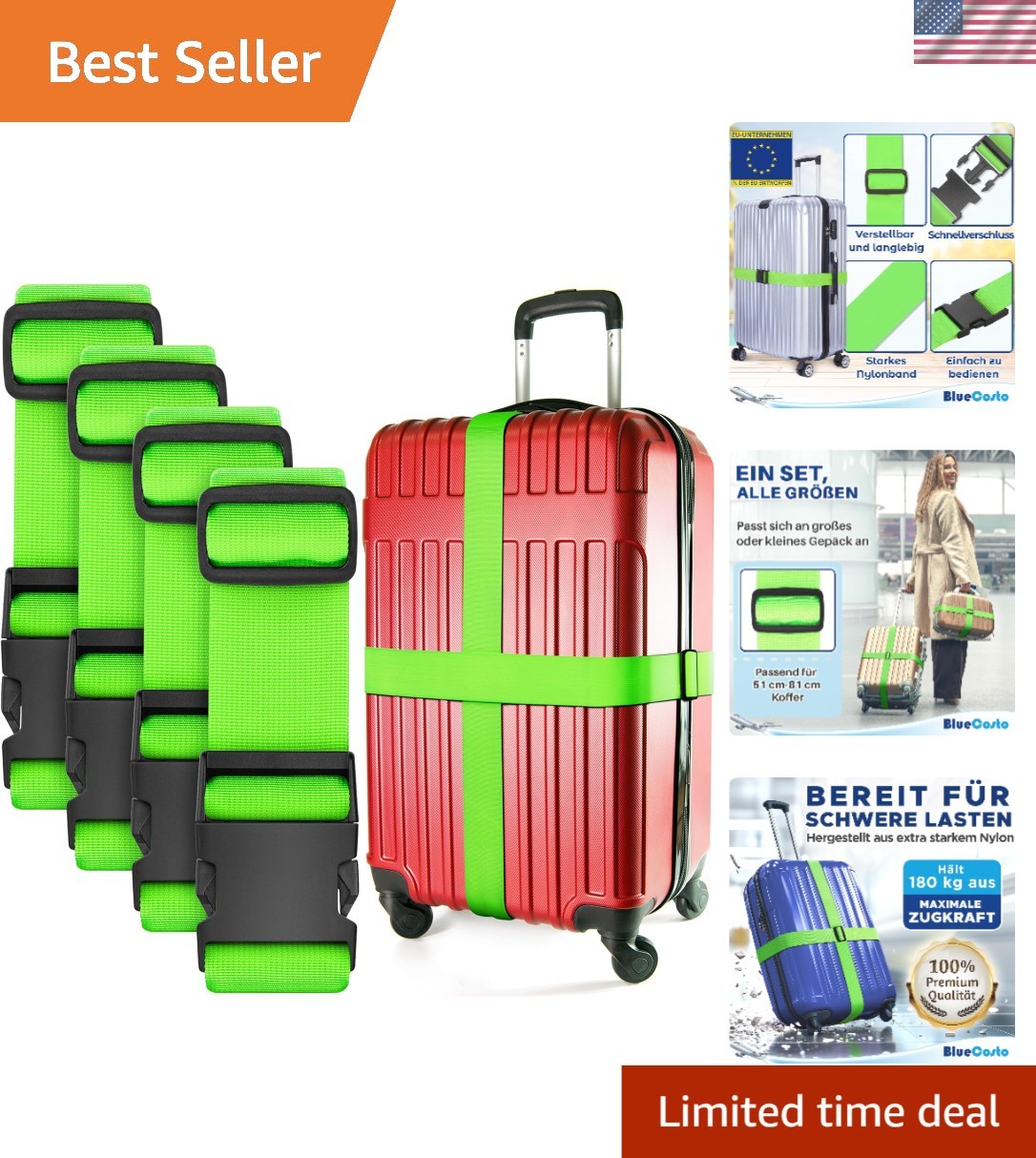 Luggage Straps for Suitcases - TSA Approved - Neon Green, 4 PK -  Nylon Belts...