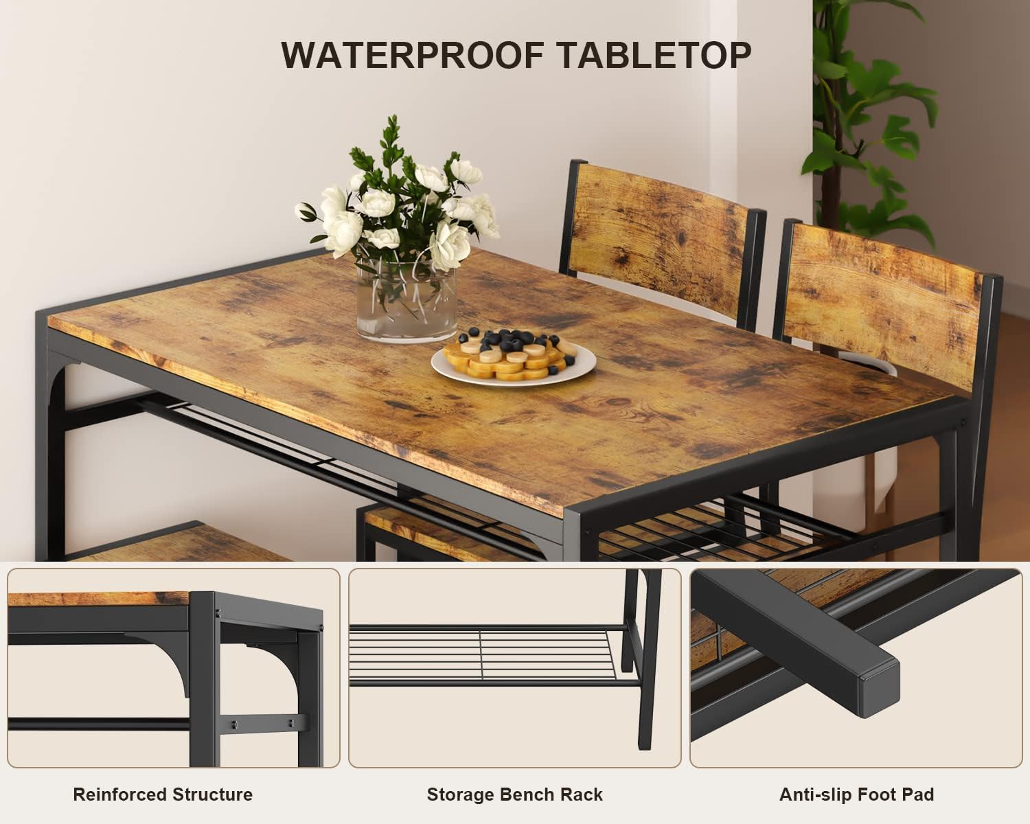 Kitchen Table and 2 Chairs for 4 with Bench, 4 Piece Dining Table Set for Small